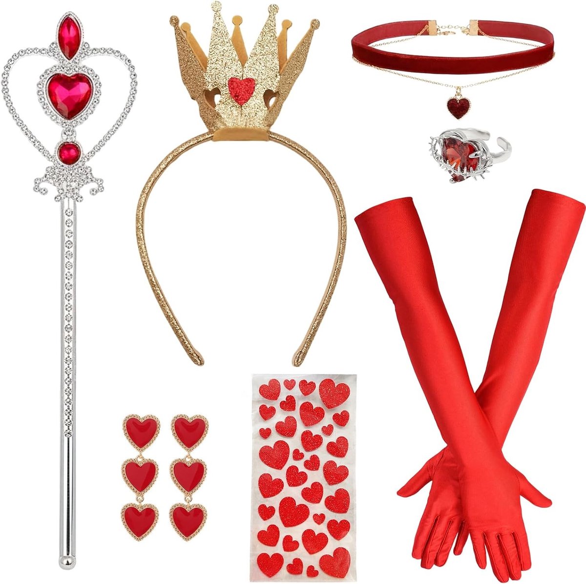 Accessoire Set voor Vrouwen en Meisjes - 7-delige Rode Hart Kostuum met Kroon, Handschoenen, Sieraden, Toverstaf, Ring en Gezichts Tattoo voor Halloween en Carnavalsfeesten