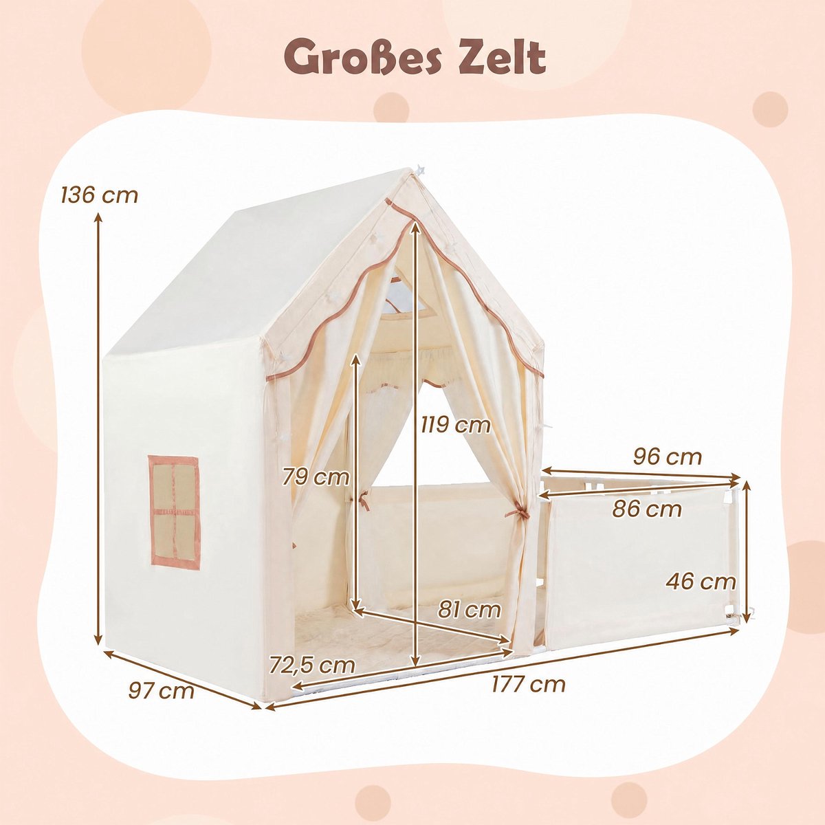 COSTWAY 2-in-1 kindertent met looprek, kinderspeelhuis voor binnen met mat & lichtketting, grote kinderspeeltent, speelgebied 177 x 97 x 136 cm, tent kinderkamer voor jongens en meisjes (beige) — cadeau in Spellen & Speelgoed - foto 4