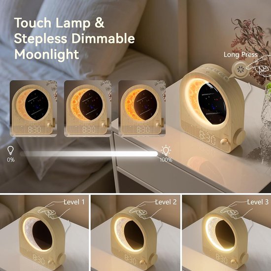 Wekker Maanlamp - Nachtlampje Bedlampje - Rustig Wakker Worden - 360 Graden Licht - 15 x 5 x 18.5 cm — afbeelding 5