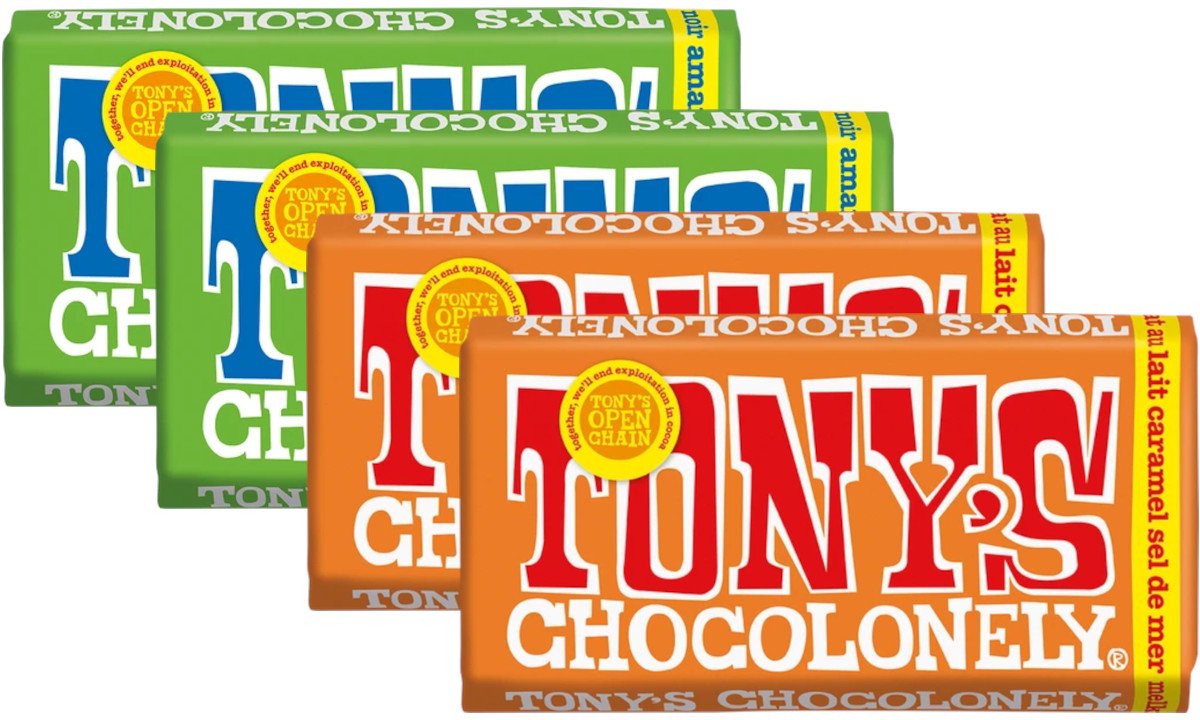 Tony's Chocolonely Melk Karamel Zeezout & Puur Amandel Zeezout - Mixverpakking - Chocolade - 720g (4x180g)