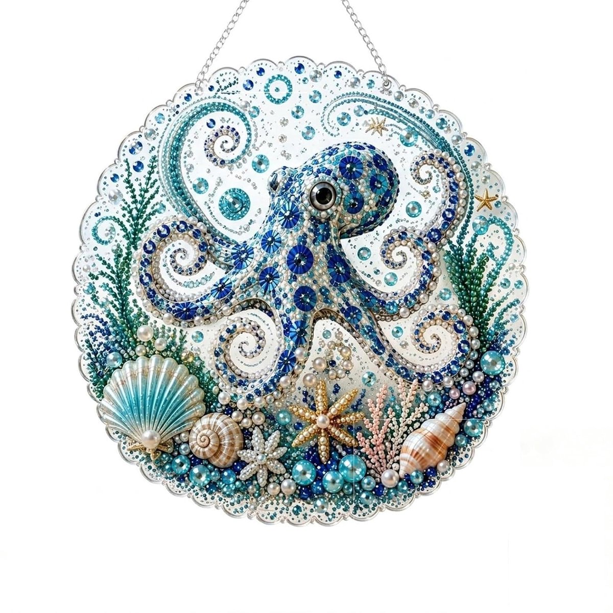 Casalora® Diamond Painting Oceaanhanger – 5D Acryl Zeedecoratie – Octopus – Enkelzijdige DIY Set met Parels en Speciale Vorm Diamantjes – Oceaan Raamdecoratie – 20 × 20 cm