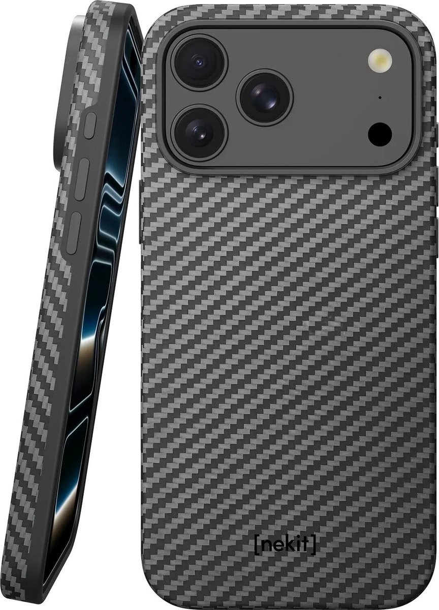 NEKIT Fiber Pro Hoesje Geschikt voor Apple iPhone 18 Pro Max - Compatibel met MagSafe en Qi2 - High-Tech Kevlar en TPU - Back Cover Dun - Grijs/Zwart
