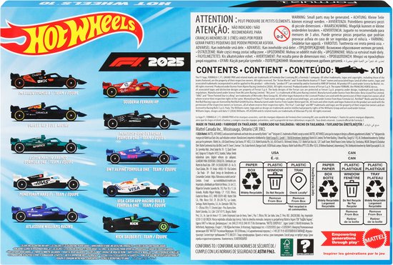 Hot Wheels Formule 1 auto's: McLaren, Ferrari, Mercedes, Alpine, Haas, Visa Cash App Racing Bulls, Aston Martin, Atlassean Williams Racing, en Kick Sauber, 2025 team liveries.