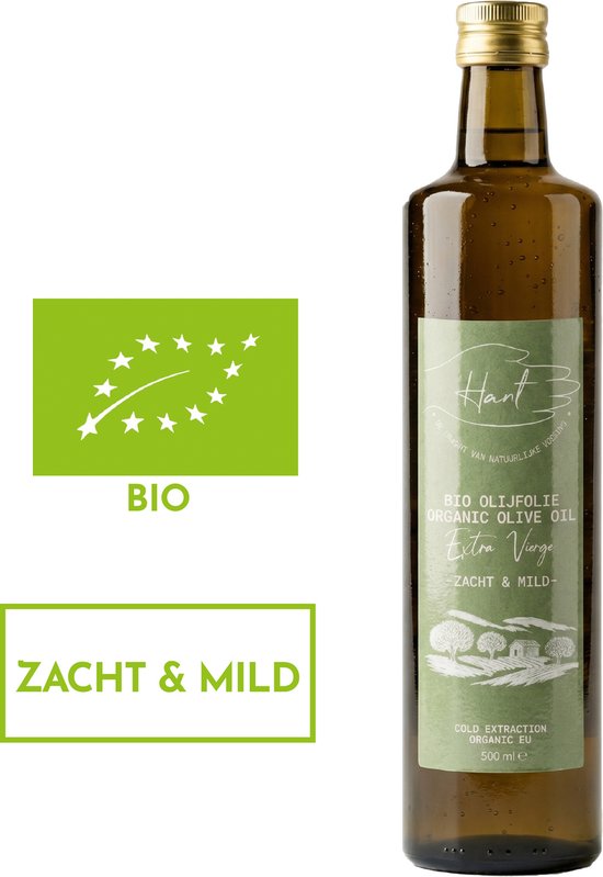 Donkere glazen fles olijfolie met groen etiket 'Hant Bio Olijfolie Extra Vierge Zacht & Mild'. BIO logo aanwezig.