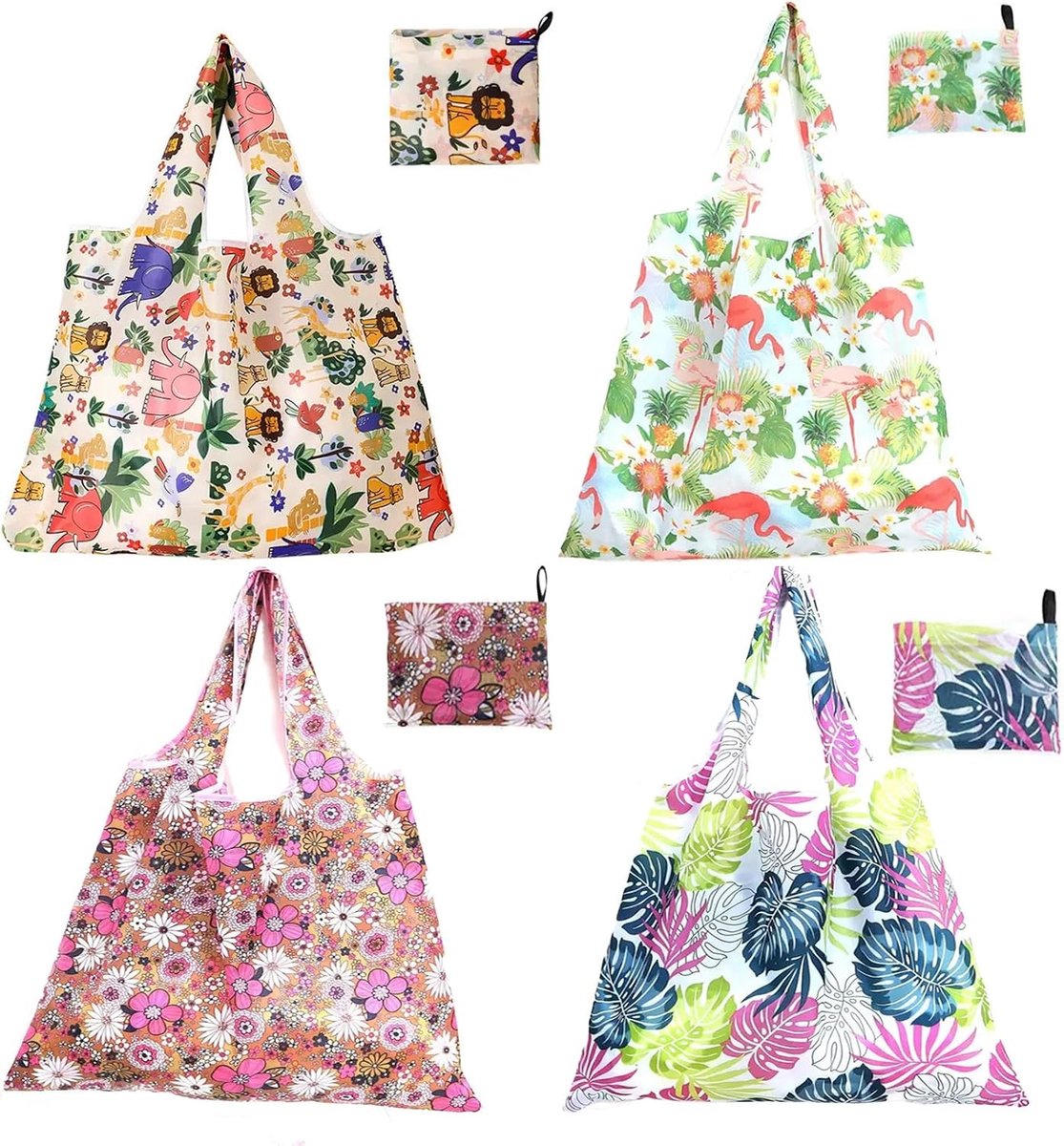 Vouwbare Herbruikbare Winkeltassen, Wasbare Eco Tote Tassen met Pouch voor Boodschappen, Reizen en Dagelijks Gebruik - Set van 4