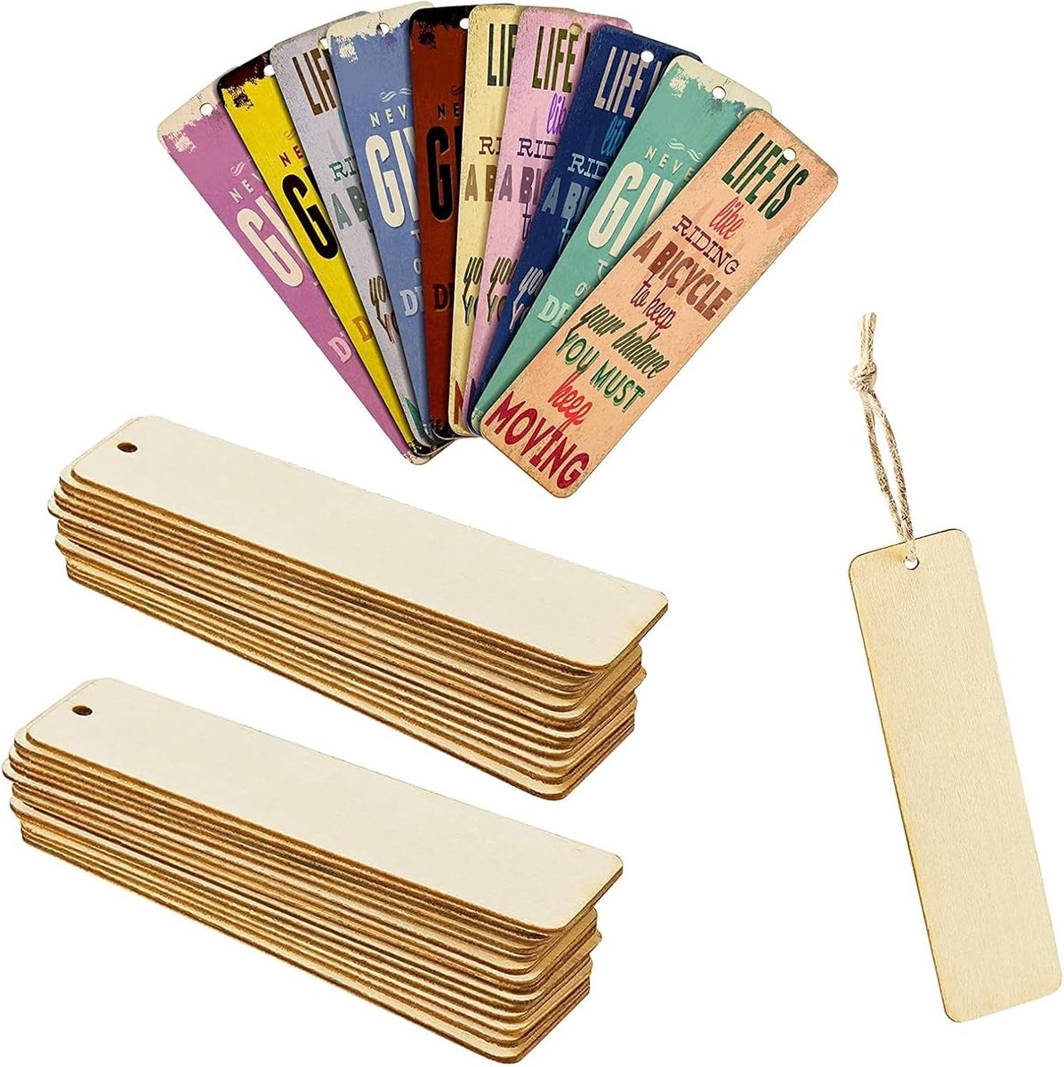 Set van 10 houten boekenleggers met touw in natuurlijke houtkleur - Perfect voor boekenliefhebbers, cadeau-ideeën en schoolbenodigdheden