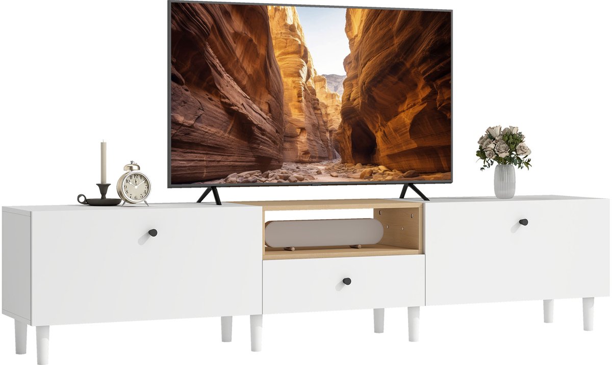 Homcom TV-meubel voor tv tot 90 Inch - Tv Kast met Lade en Deuren - Mediameubel - Wit met Naturel wit, natuurhout