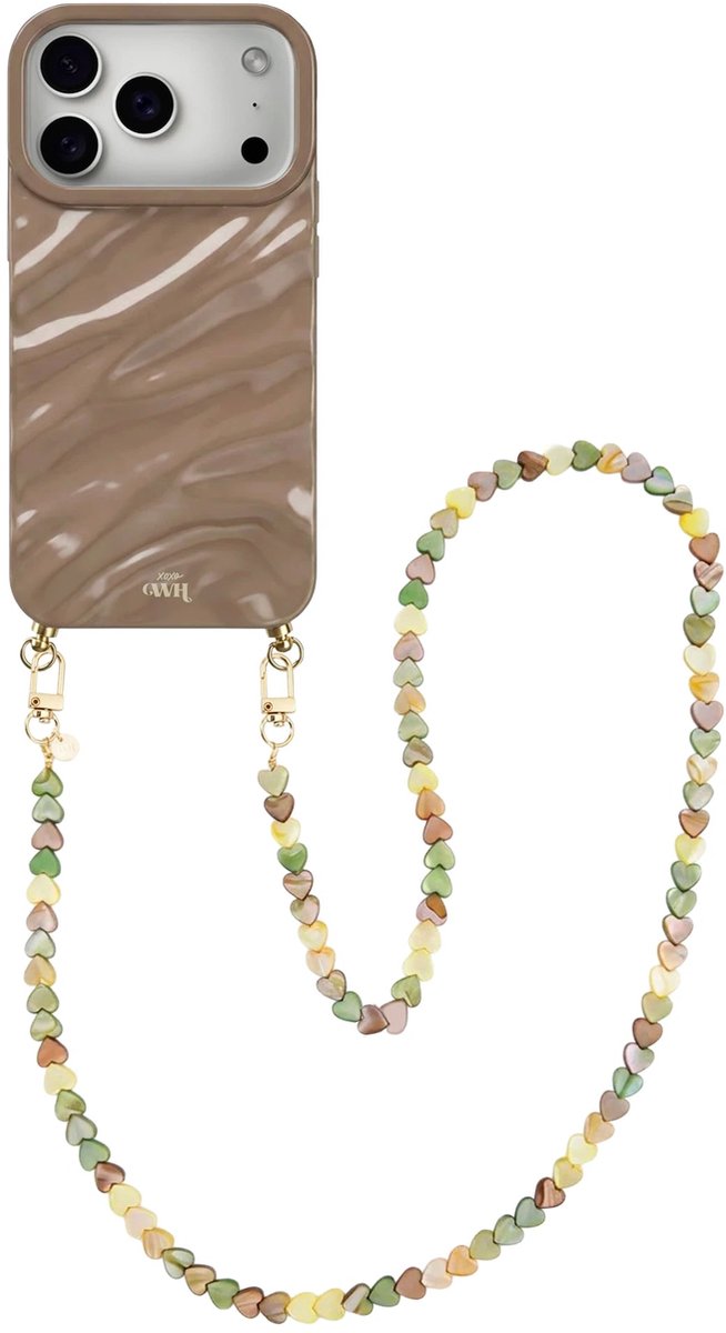 xoxo Wildhearts Taupe Glaze telefoonhoesje met koord - geschikt voor iPhone 17 Pro Max - Shell Hearts Olives (lang koord) - Dream hoesje met telefoonkoord - Glimmende silicone case met plooien - Hartjesketting - Groen - Beige