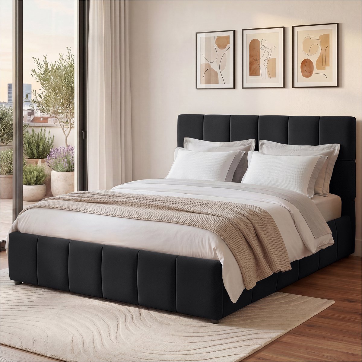 Tectake Gestoffeerd Bed met Matras - Tweepersoons Bed - Zwart - 140 x 200 cm - Lattenbodem Bedframe - Fluwelen Bekleding - 2 Comfortschuim Matrassen - 2 Hardheidsgraden (H2 & H3) - Complete Bedden Set - Wasbare Hoes van Ademend 3D-meshweefsel Zwart met Matras