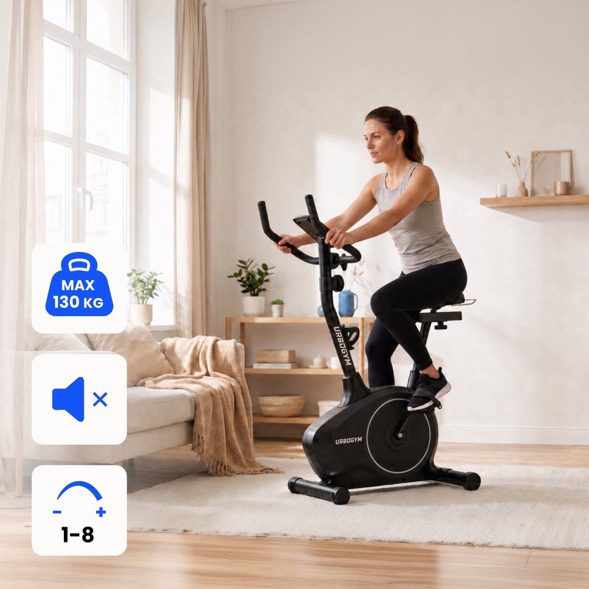 URBOGYM ARGO SILVER Hometrainer - Magnetische Fitnessfiets - 8 Weerstandsniveaus - Vliegwiel 6 kg - Max. 130 kg - Grijs