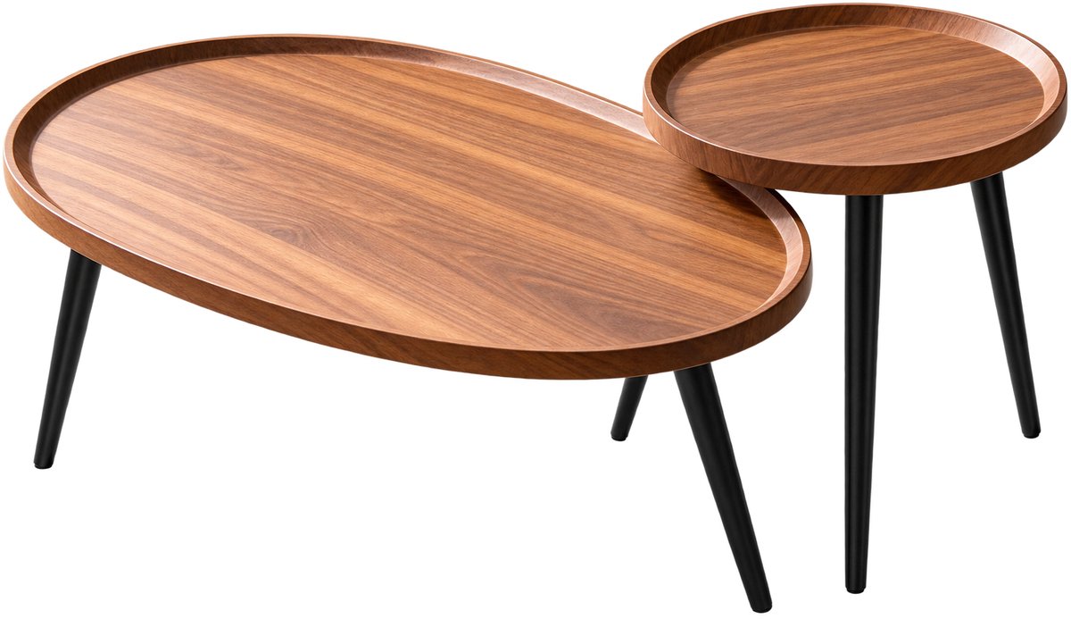 Sellino Salontafel - Bijzettafel - Walnoot & Zwart - Modern Design - MDF Tafelblad - Metalen Poten - 2 Stuks - 80 x 55 x 38 cm