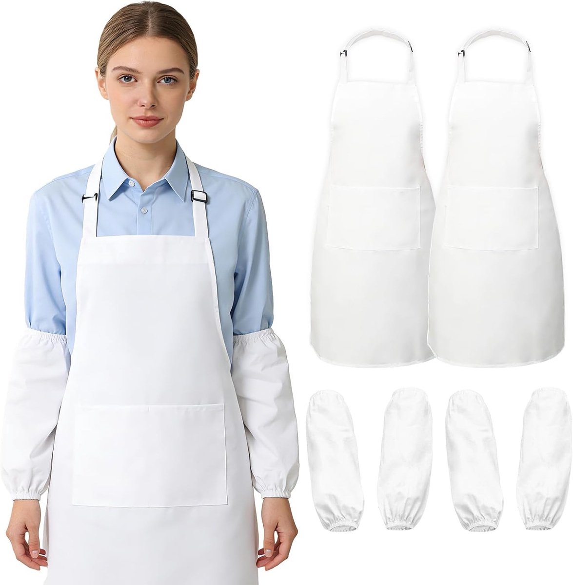 Set van 2 Witte Schorten met 2 Paar Mouwbeschermers, Verstelbaar Keukenschort met 2 Zakjes voor Koken, Bakken en Tuinieren