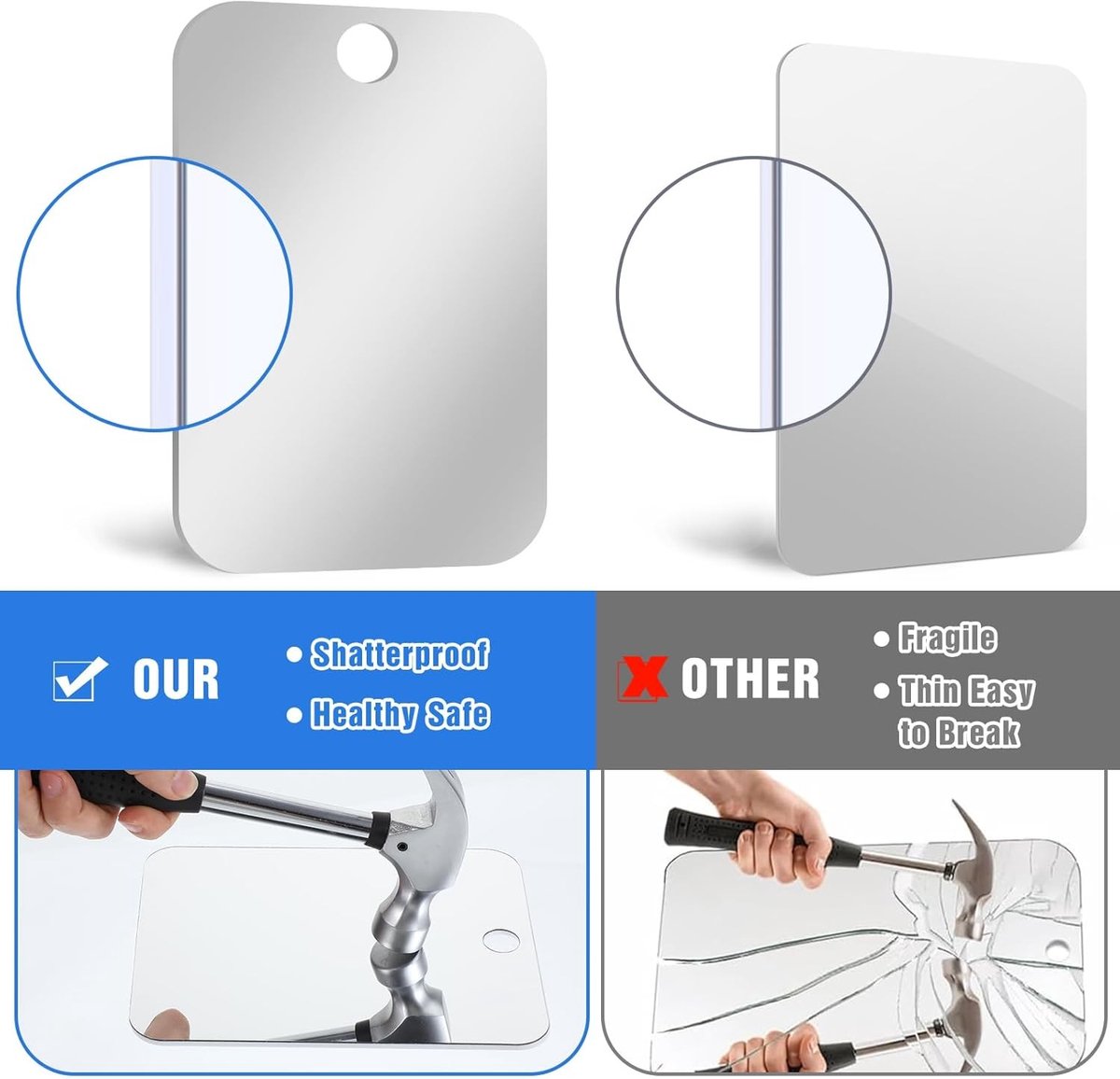 Anti-Fog Douche Spiegel voor Scheren en Reizen, Inclusief Suction Cup en Haak, Ideaal voor Badkamer en Camping