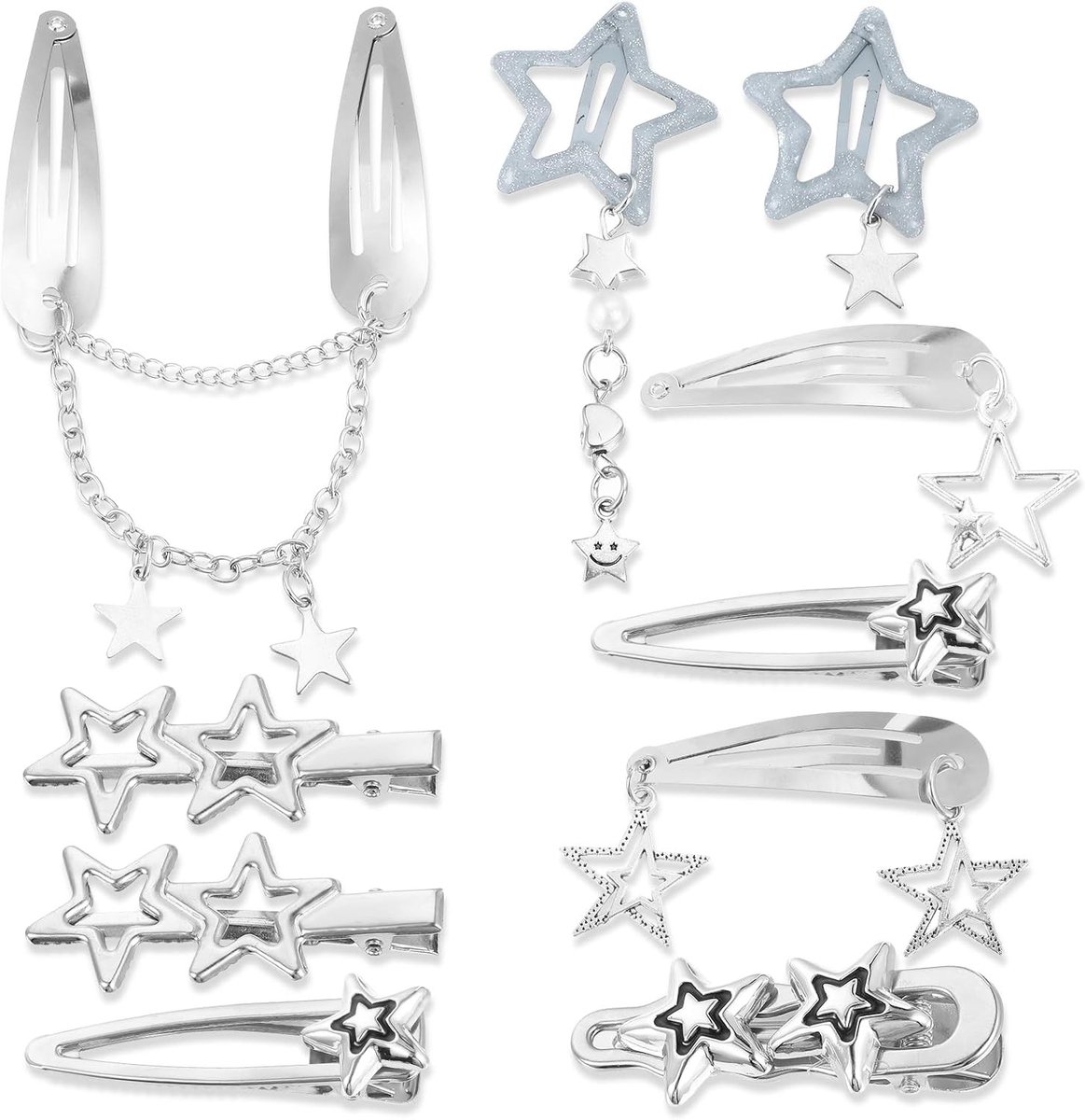 Kawaii Ster Haarclips met Snap Sluiting - Retro Zilver, Non-Slip, Perfect voor Feestjes, Concerten en Dagelijks Gebruik