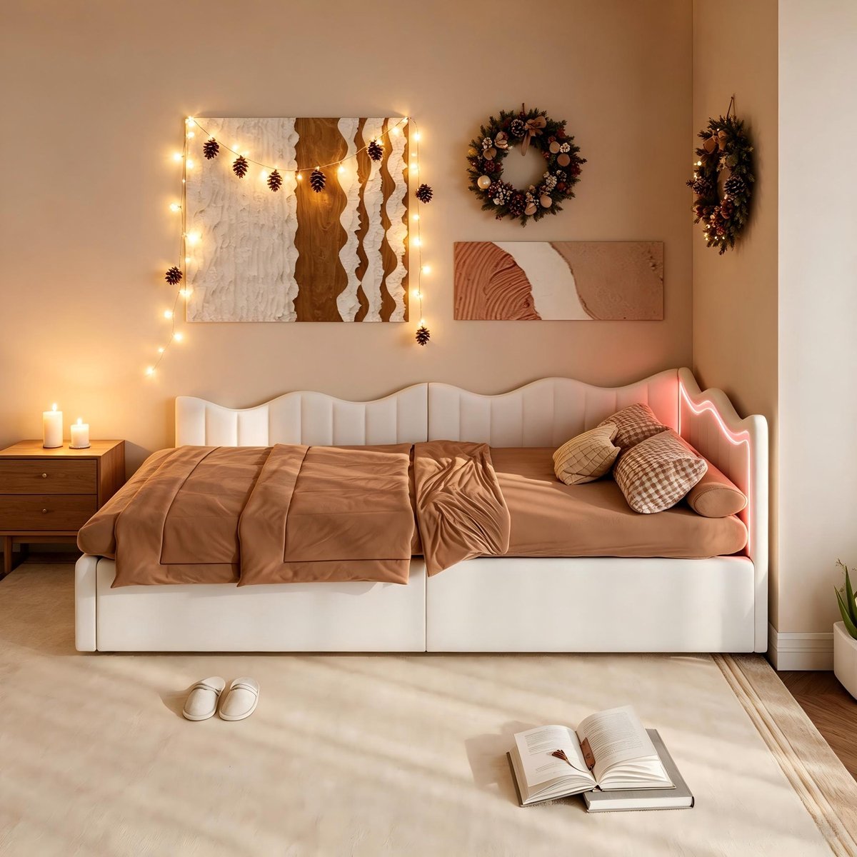 ROSAHQNDA Kinderbed 90x200cm - Jeugdbed - Gestoffeerd Eenpersoonsbed met LED Verlichting en Opbergruimte - Fluwelen Bed met Lattenbodem - Zacht Hoofdbord - Zonder Matras Beige