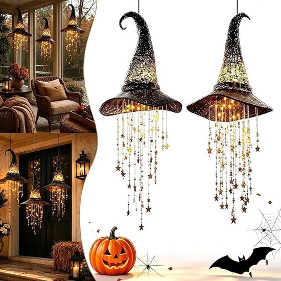 2 Stuks - Hangende Halloween-decoratie - Lichtgevende heksenhoed - Heksenhoedornament - Sterrenkwastje - Hangend tovenaarshoedornament - Halloweenversieringen - Halloween cadeaus - Creëer magisch licht - Geschikt voor veranda of terras