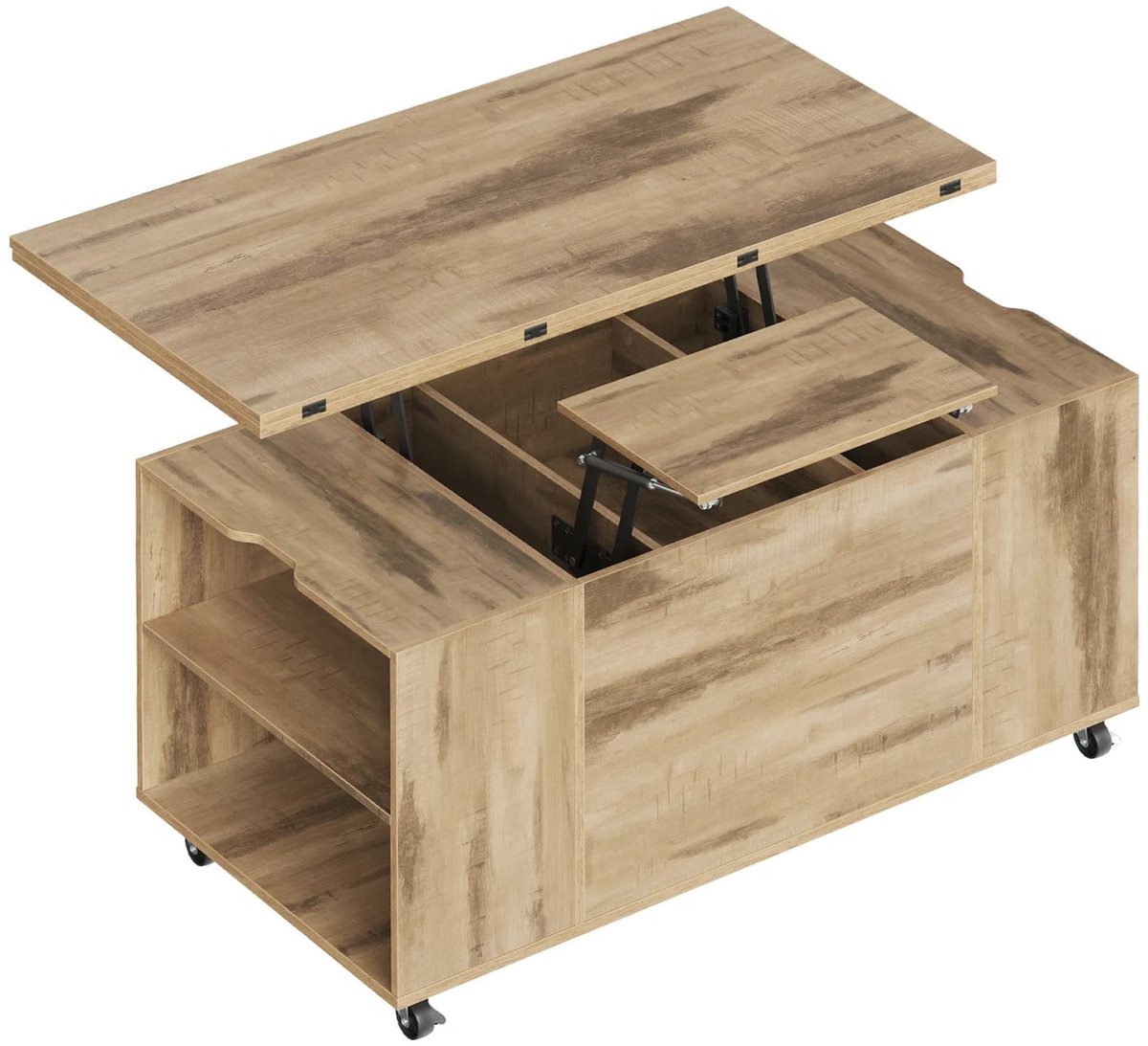 Klarven® Koffietafel met Opbergruimte Lichteiken - Verstelbare Koffietafel - Salontafel - Uitschuifbaar Blad, Lade en Verborgen Vak, 5 Vergrendelbare Wielen - B100xd50xh53cm