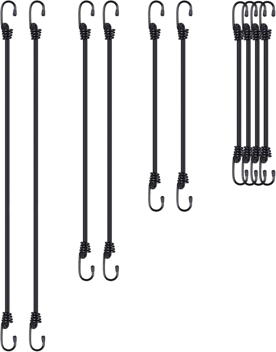 Set van 10 Sterke Spanningrubberbanden met Haken, Ideaal voor Bagage, Fietsen en Motoren, Verkrijgbaar in 4 Lengtes