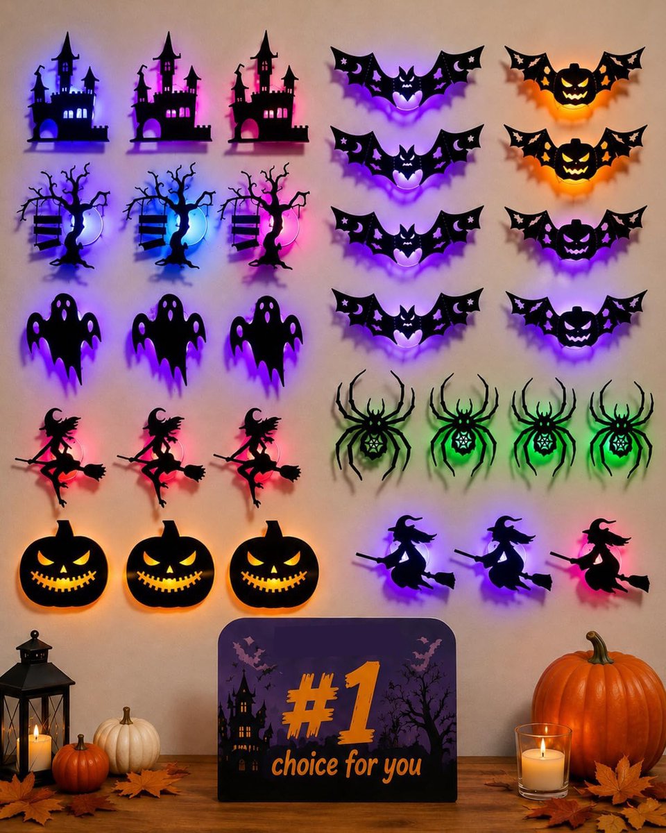 30 Stuks Halloween 3D Muurstickers - Halloween Raamstickers met LED Verlichting - Halloween Decoratie - Vleermuis, Spook, Heks, Spin, Pompoen, Spookhuis en Boom - Voor Binnen en Buiten - SOLLBRY®