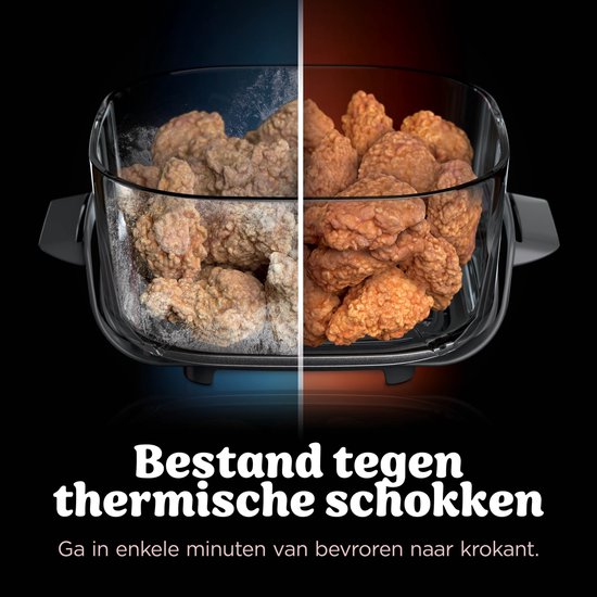 Vergelijking van bevroren kip in blauw licht tegenover krokante kip in oranje licht. Tekst: Bestand tegen thermische schokken.