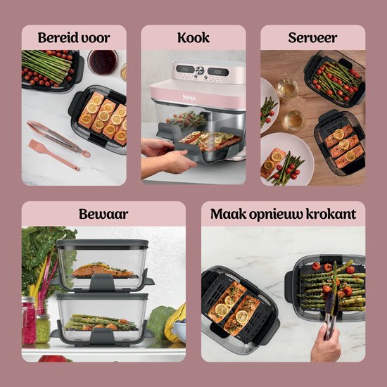 Collage van bereiding, koken, serveren, bewaren en opwarmen van eten met de roze Ninja airfryer en glazen schalen.