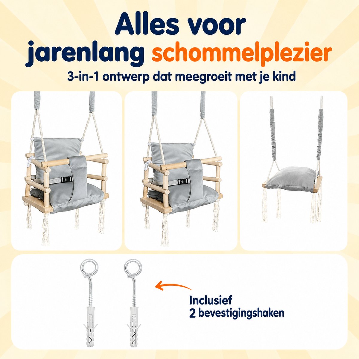 Trendmix Houten Babyschommel 3-in-1 – Meegroei Kinderschommel – Inclusief Ophanghaken – Vanaf 8 Maanden – Grijs — afbeelding 2