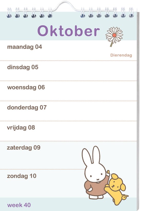 Kalenderpagina voor oktober met Nijntje en een geel diertje. Week 40, Dierendag.