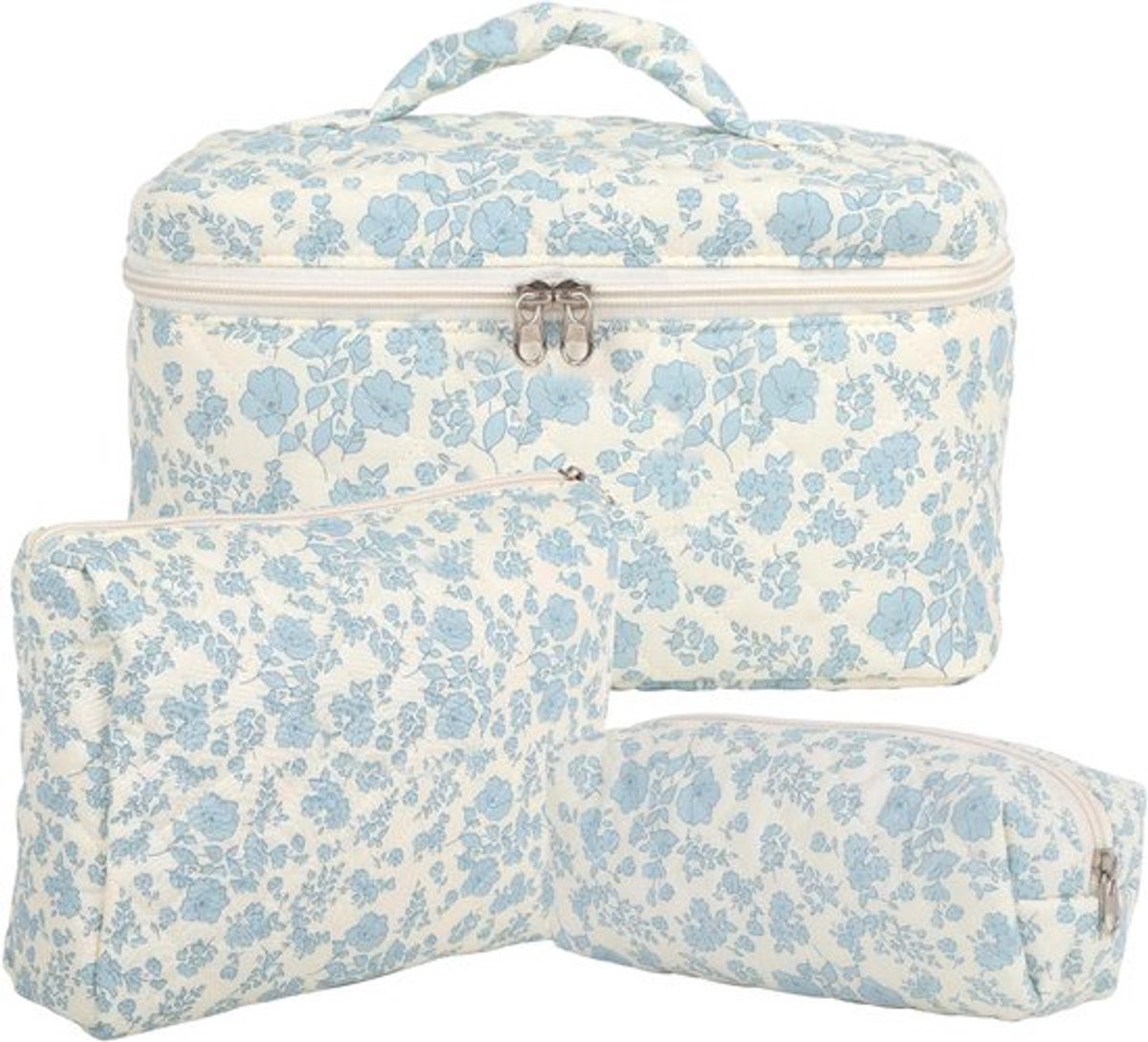 Allecta - Set van 3 dames cosmeticatasjes met katoenen toilettas en bloemenpatroon