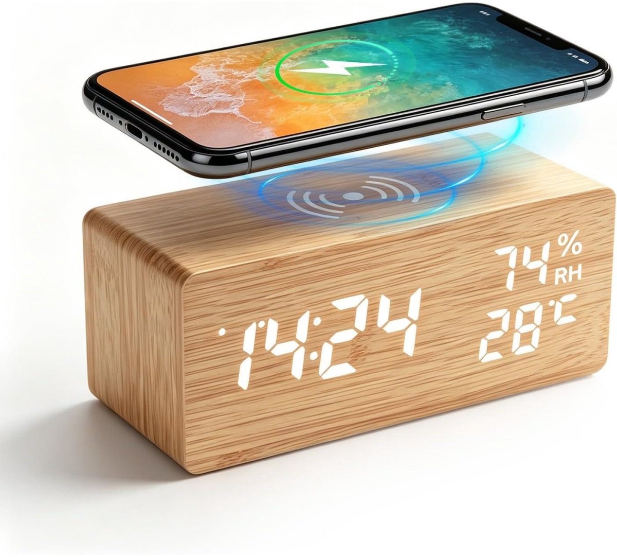 SSTRWGOOD Digitale houten wekker - Inclusief draadloos oplaadstation - Slim ontwerp - Ondersteunt meerdere alarmtijden - Met temperatuurweergave, spraakbediening en instelbare helderheid - Geschikt voor slaapkamers, huizen en kantoren