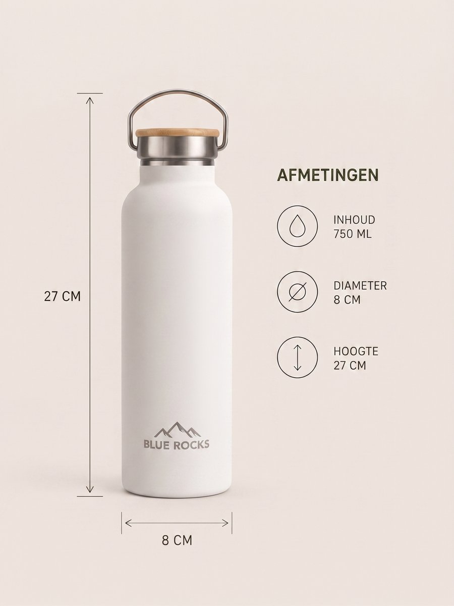Blue Rocks® - Summit White - Thermosfles 750ml - Waterfles - Dubbelwandige drinkfles - Plasticvrij - Loodvrij - Geisoleerde fles - Warme en Koude dranken - Perfect voor Reizen, Wandelen, Werk, Sport, Yoga - Dagelijks gebruik - RVS - Wit - White thumbnail 3