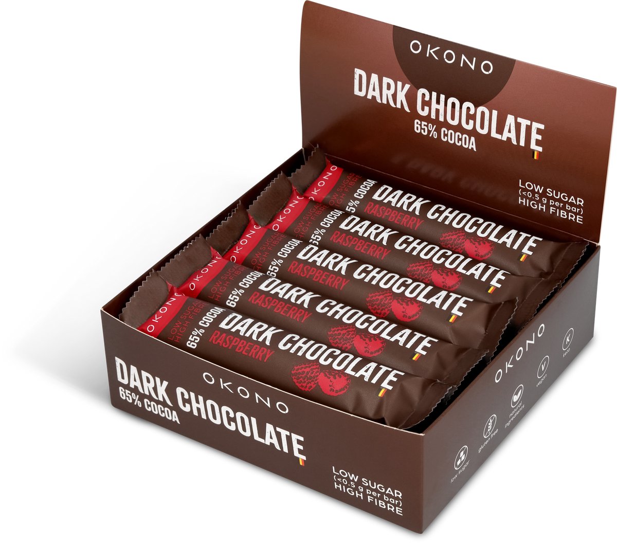 OKONO Dark Chocolate Raspberry Display - 20 Repen Pure Chocolade Framboos - Zonder Toegevoegde Suikers - Keto Chocoladereep met 23 g Vezels per 100 g - Glutenvrij en Vegan