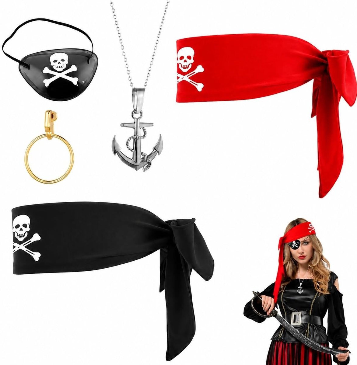 Complete Piraten Kostuum Accessoires voor Mannen en Vrouwen - Perfect voor Halloween, Carnaval en Themapartijen met Hoed, Zwaard en Sjaal