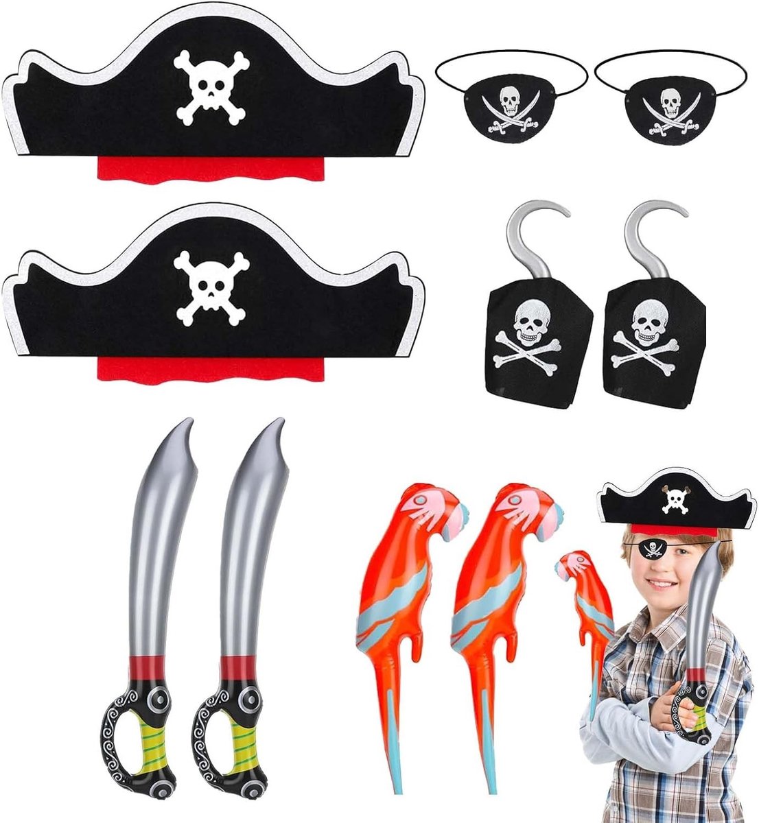 Complete Piratenkostuum Set met 12 Opblaasbare Zwaarden, Hoed, Ooglap en Accessoires voor Piraten Rollenspel en Feestjes
