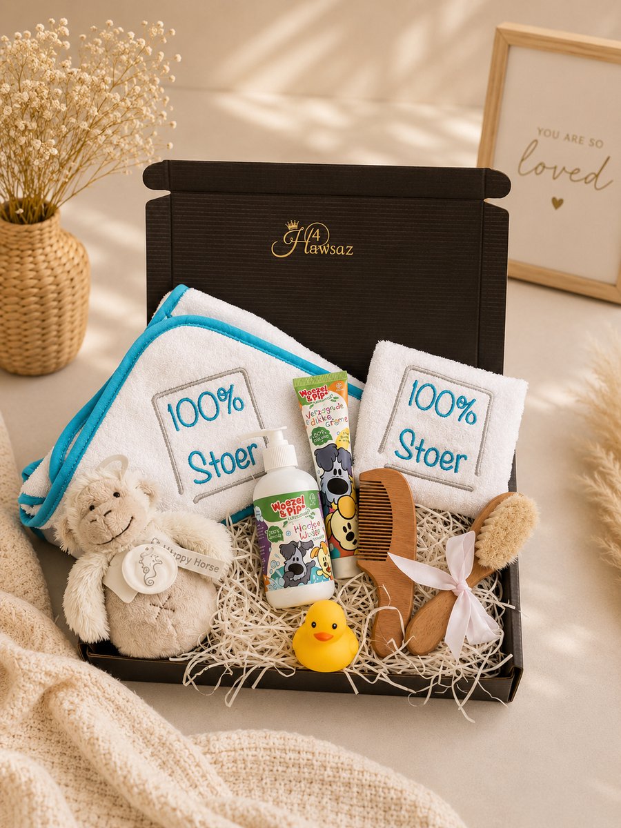 Hawsaz.nl cadeau - Babygeschenksets 8 stuks - Verwenpakket - Kraampakket - Gepersonaliseerde kraamcadeaus - Baby houten kam en borstel - Badcape - Geboortecadeau - babyshower - Babyverzorging - Baby Rammelaar - Happy Horse knuffelrammelaar