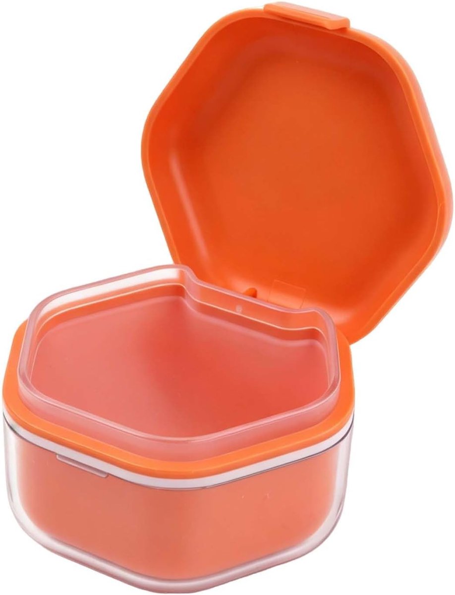 Opbergdoos voor Gebitjes - Oranje - 8,5 x 8,1 x 5,1 cm - Draagbare Kunsttandhouder met Meerdere Laagjes - Voor Tandprothesen en Mondbescherming