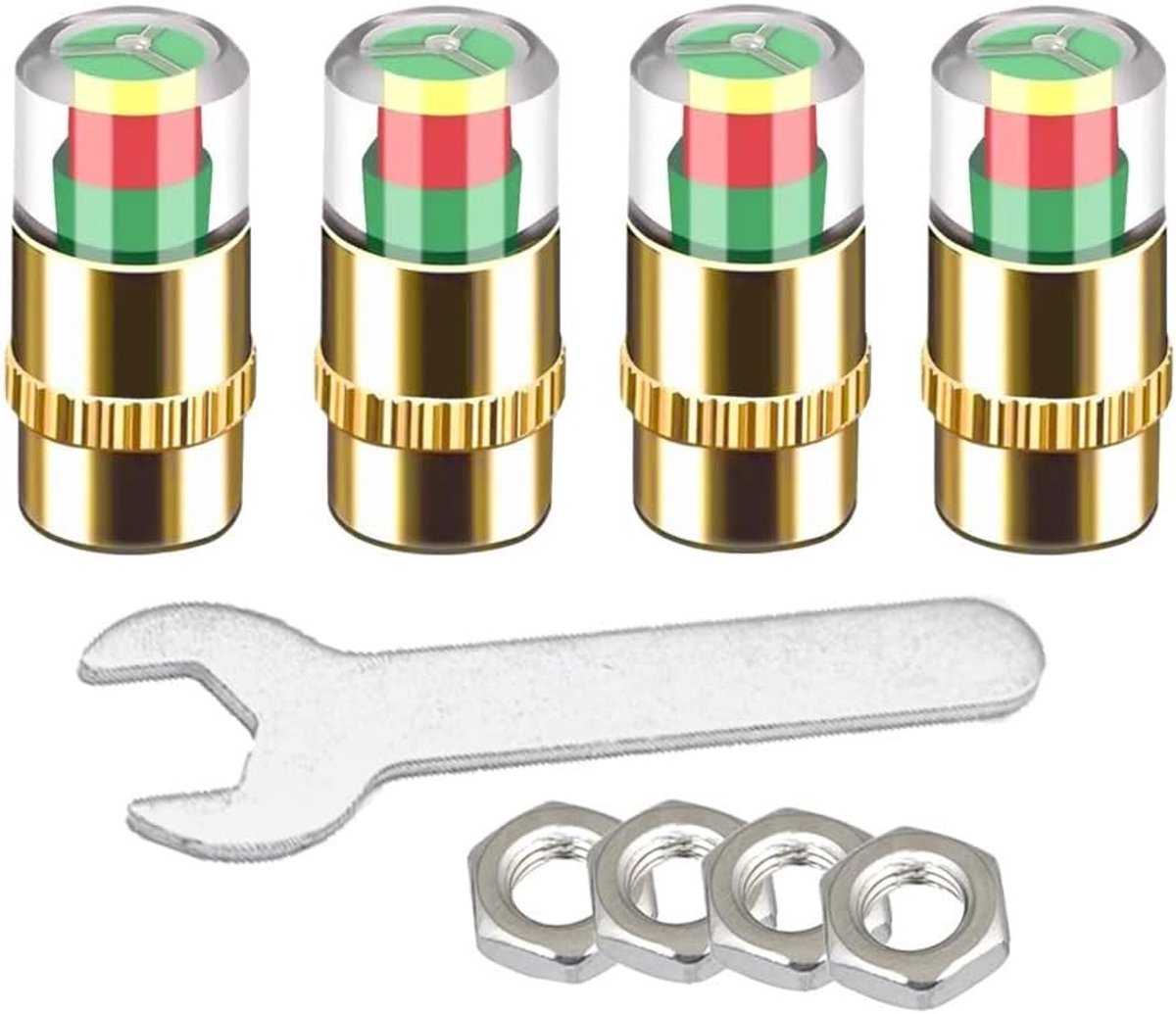 Set van 4 Gouden Ventieldoppen voor Auto, Stofkap voor Bandenventiel, Schrader Ventiel Deksel met Sleutel en Moeren voor Bandenspanning Bewaking