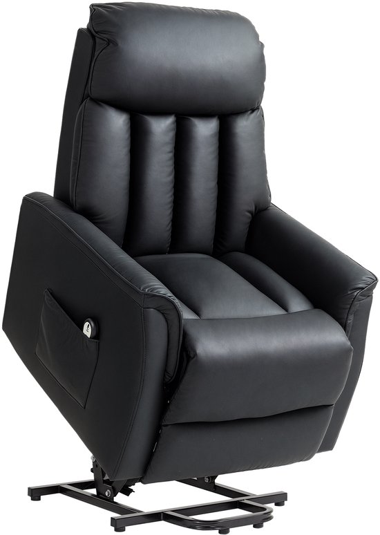 Zwarte fauteuil met verhoogde zitting en voetsteun.