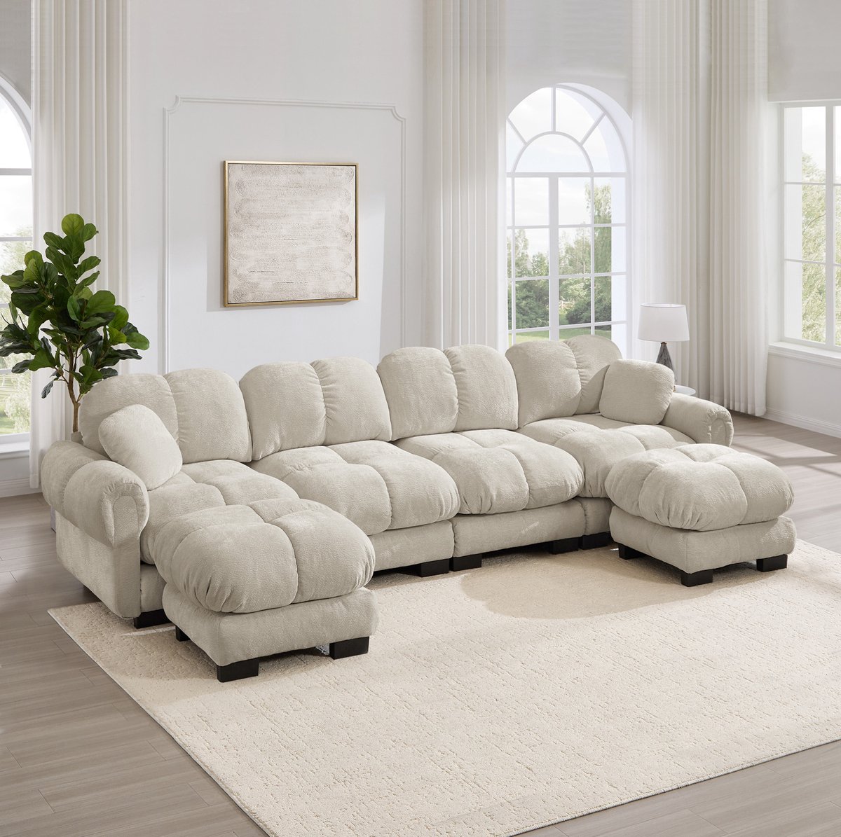 Wishdor U-bank - 4-zits modulaire bank - 2 mobiele ottomanen en gestikt design - Modern woonkamer zithoek - Chenille stof - Licht kaki - 330 x 149 x 90 cm
