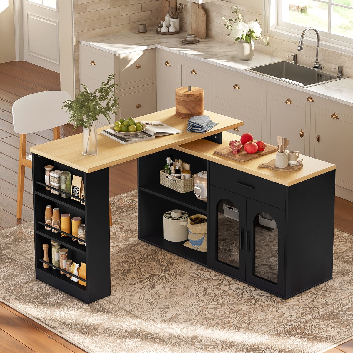 Pugsdrly Vast keukeneiland met 360° draaitafel, opbergkast, bartafel met lade en planken, keukensideboard met opbergplank voor eetkamer en huisbar, L-vormig bureau, zwart Zwart+Natuur