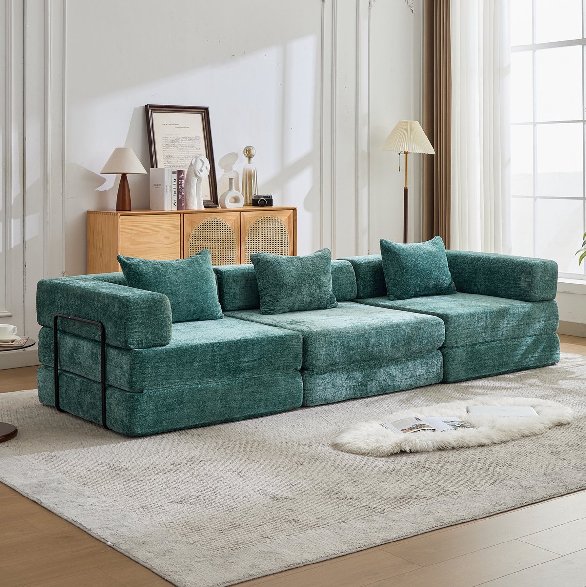 REDOM - Slaapbank - Convertible vloerbank - Modulair sectioneel ontwerp - Chenille - Woonkamer en slaapkamer - Stof - Donkergroen - 300 x 100 x 63 cm