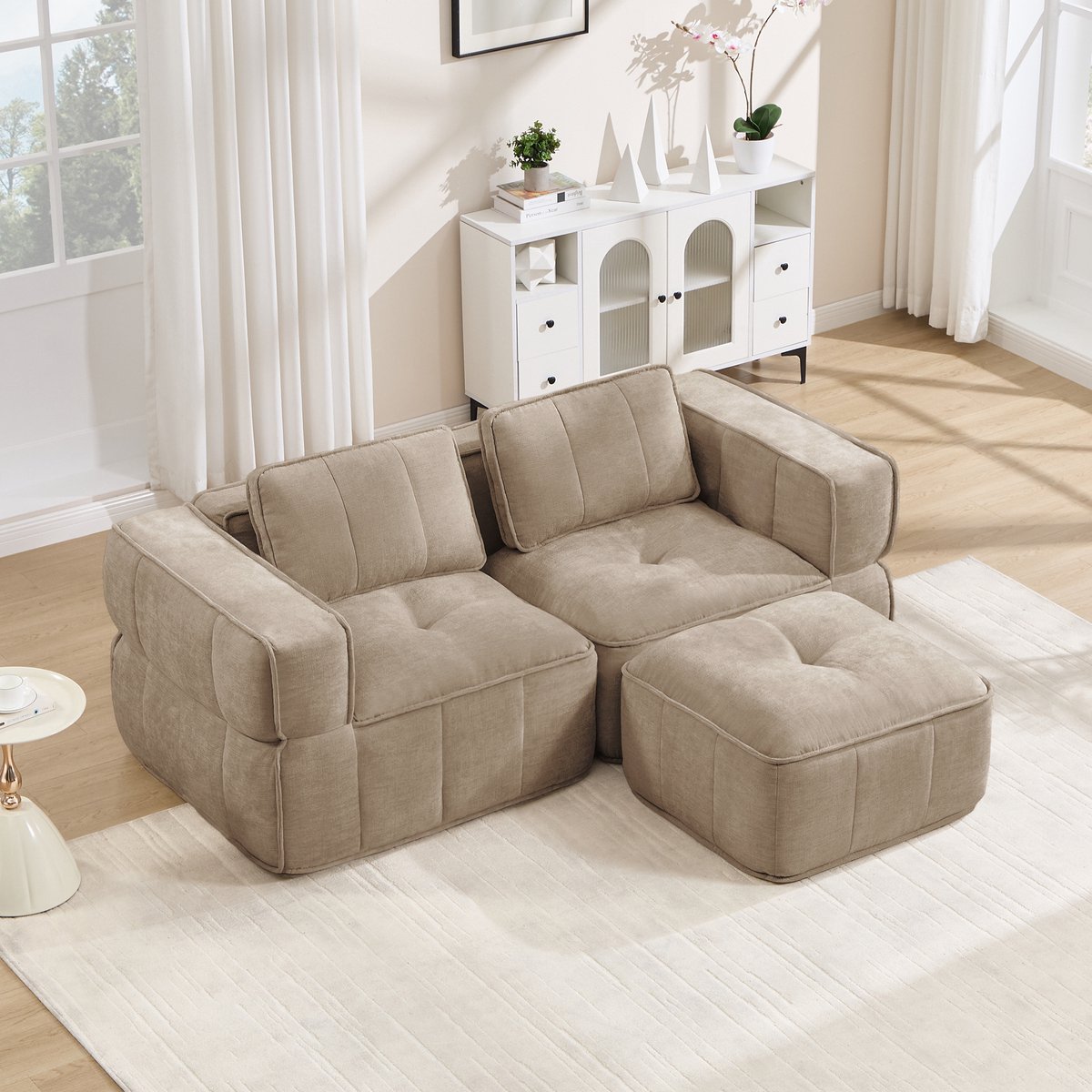 Wishdor Hoekbank - Modulair en zonder frame - Brede armleuningen en losse hocker - Modern - Woonkamer appartement - Polyester - Sand - 198 x 162 x 67 cm