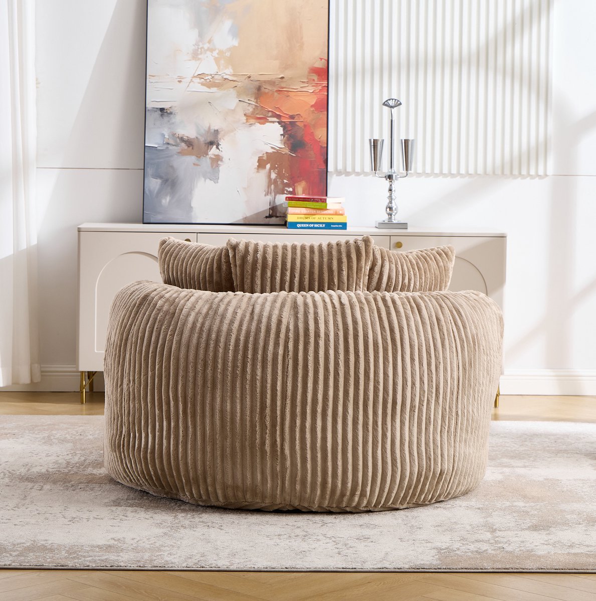 REDOM - Fauteuil - Extra grote ronde zitting - Met rugleuning en armleuningen - Inclusief hocker en 5 kussens - Woonkamer en slaapkamer - Stof - Camel en Bruin - 168 x 123 x 63 cm