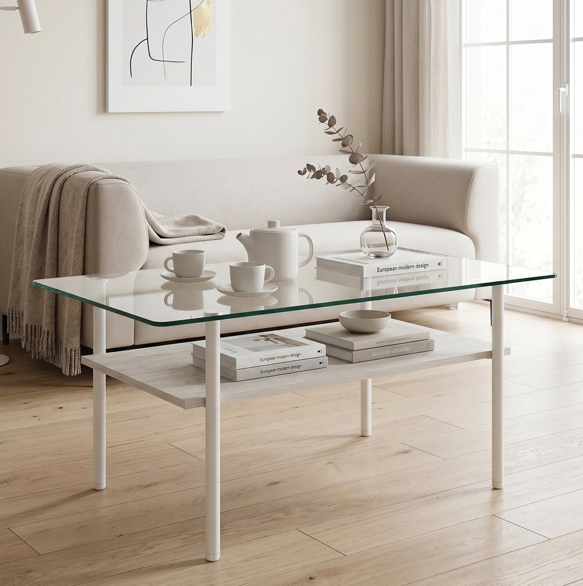 MODENUIT Salontafel - Met Glasplaat En MDF Opbergplank - Voor Woonkamer - Hout Glas Metaal - Wit - 98x58x45 Cm