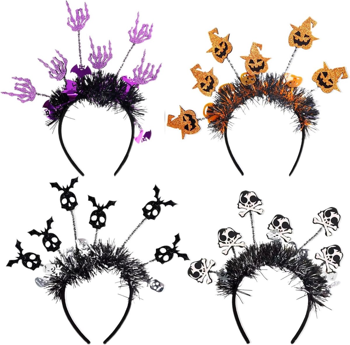 Halloween Hoofddeksels Set met 4 Stuks - Schedel, Bat en Pompoen Hoofdbanden voor Feestjes en Carnavalskostuums