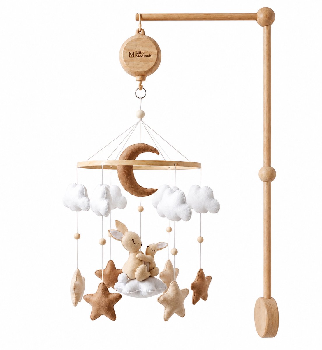 Little Medinah Little Beige Bunny – Elektrische muziekmobiel baby – Complete set met beukenhouten houder – Kraamkado - Beige