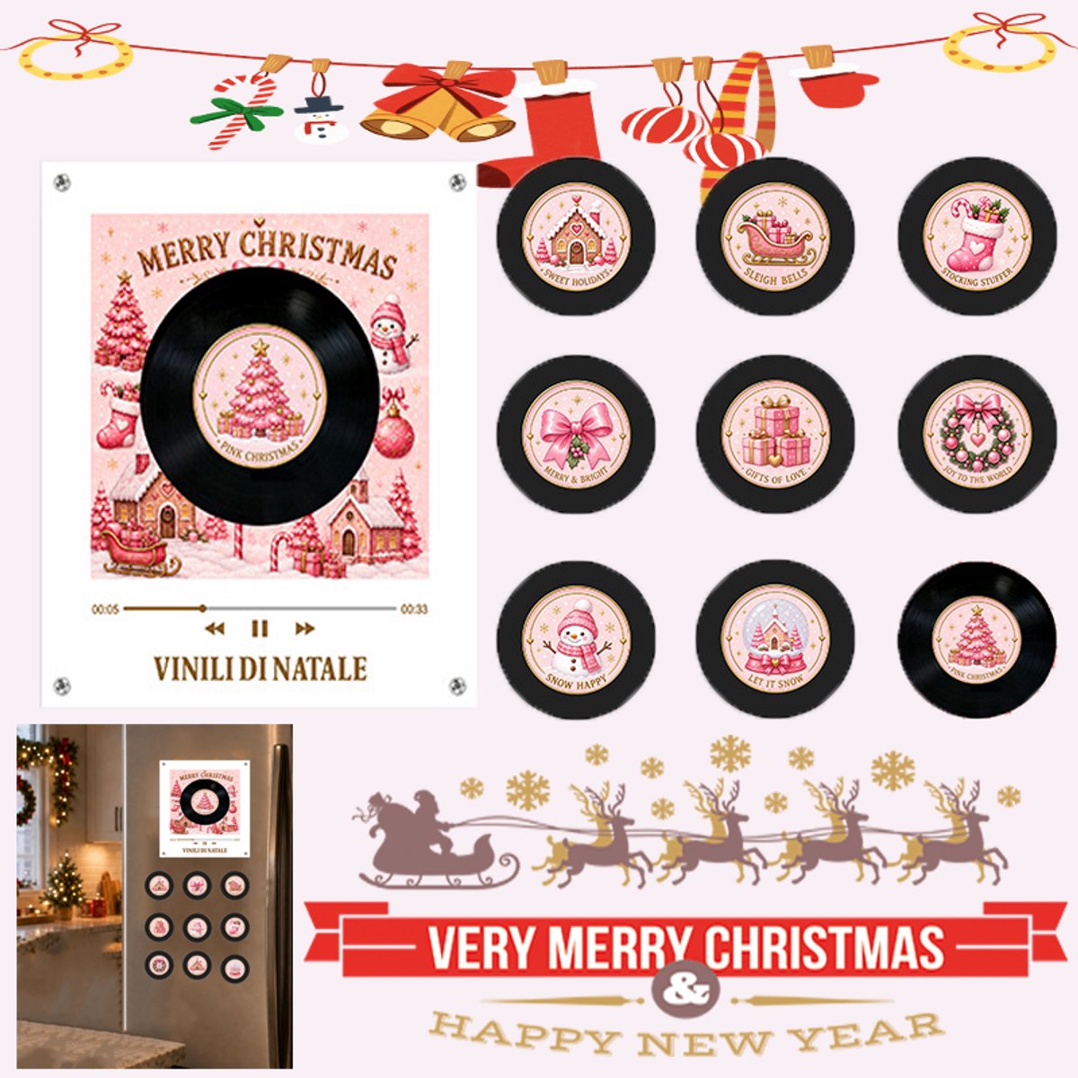 KZQ Magnetische Kerst Muziekdoos - Met 9 NFC Vinylplaten - USB-C Oplaadbaar - Zonder Telefoon - Programmeerbaar - Voor Koelkast & Decoratie - Roze