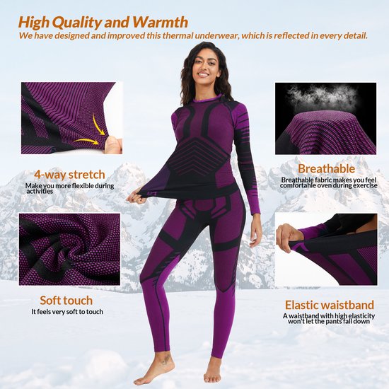 Vrouw in paarse en zwarte thermische set, die de stof toont. Callouts: '4-way stretch', 'Soft touch', 'Breathable', 'Elastic waistband'.