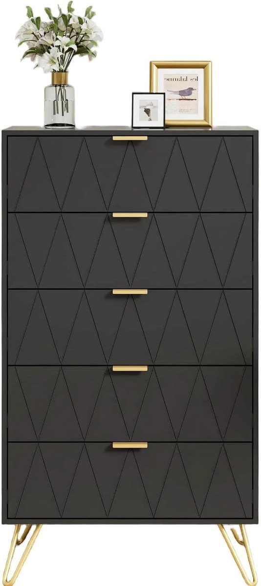 UEV Kommode mit 5 Schublanden, 60 x 34 x 110cm Sideboard Modern (Schwarz)