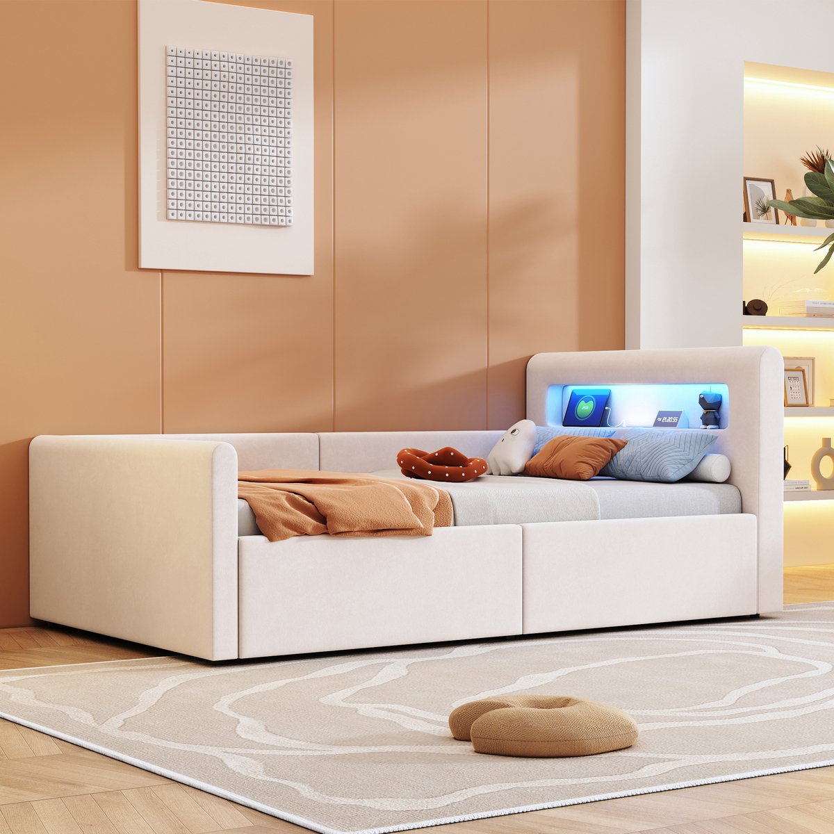 MUVANO Gestoffeerd Kinderbed 90x200 - Eenpersoonsbed Met Led Verlichting - Fluwelen Bed Beige - 90x200 cm - USB En Opbergruimte - Slaapkamer Beige