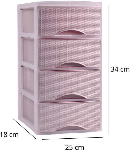Roze ladeblok met vier lades met rotan-look textuur en gebogen handgrepen. Afmetingen: H34 x B18 x D25 cm.